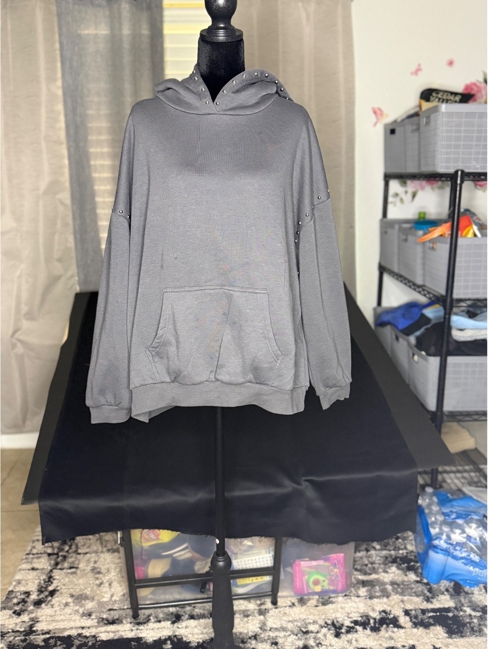 Pink Republic XL Gray Hooded Sweatshirt with Studded Detail